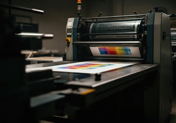 Printing press in action, showcasing vibrant color patterns on paper