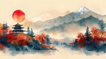 Autumn Japanese Landscape With Temple At Sunrise