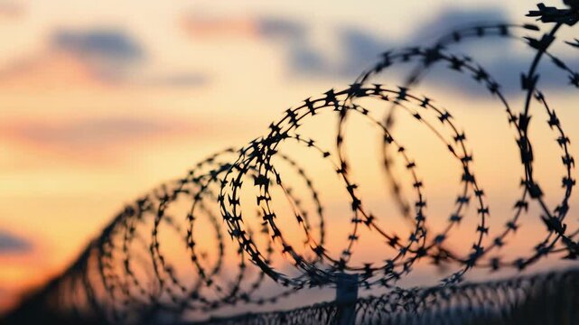 A fortified border fence lined with barbed wire extends into the distance, silhouetted against a dramatic sunset sky