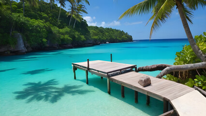 Fototapeta premium Wooden pier extending into crystal clear turquoise water in tropical paradise