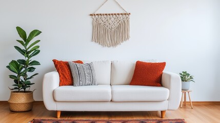 Cozy Living Room with Macrame Wall Art and Stylish Decor Elements
