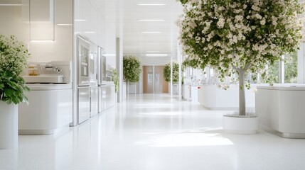 Modern, bright office corridor with greenery