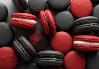 Colorful assortment of red and black macarons arranged beautifully