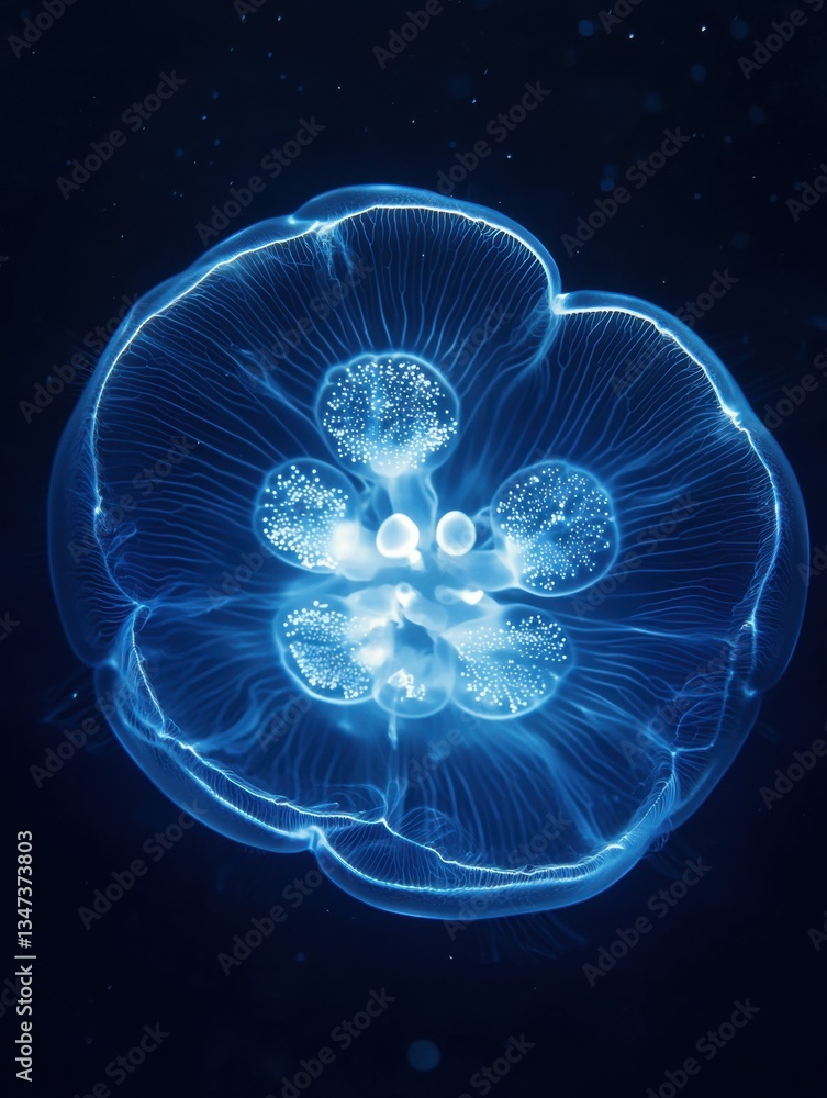 Poster a bioluminescent jellyfish floating in the dark ocean, glowing with a blue light and six symmetrical