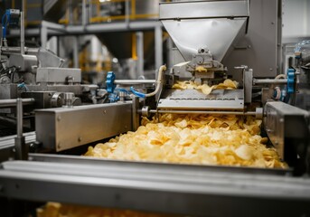 Potato chips production line with freshly made chips flowing from the machine