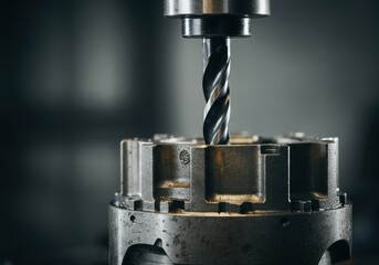 Precision drilling process on a metal workpiece in a workshop