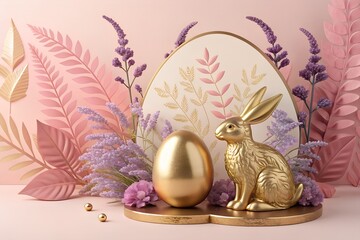 Golden Bunny and Egg with Pastel Floral Decor. Happy Easter, Easter concept. Easter banner, generative ai