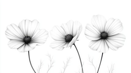 Blooming Cosmos Pencil Sketch - Elegant grayscale pencil drawing of three cosmos flowers, symbolizing purity, peace, harmony, beauty, and nature