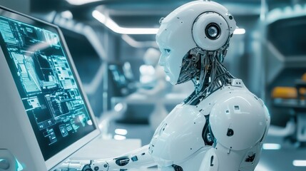 Fototapeta premium A humanoid robot interacts with a computer in a futuristic lab setting.