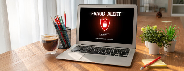 Cyber security software show alert of cyber attack for protection snugly. Danger from virus, phishing and cyber fraud.