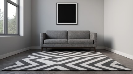 Modern Living Room with Grey Couch and Geometric Area Rug