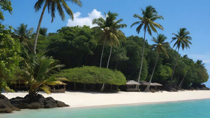 Fototapeta premium Tropical island with coconut palm trees and huts bordering a white sand beach