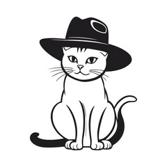 A black and white vector illustration of a lady cat with a cowboy hat, confidently standing on a white background