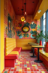 Vibrant retro vibrant hall interior featuring colorful geometric patterns, playful decor, and abstract art. Concept emphasizes retro vibrant hall interior with dynamic design appeal.