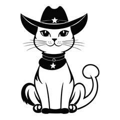 A black and white vector illustration of a stylish lady cat wearing a cowboy hat, sitting gracefully on a white background