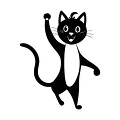 A black and white vector illustration of a friendly cat raising its paw as if saying hello
