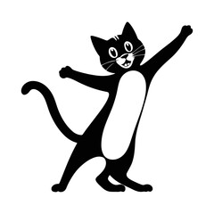 A simple black and white vector silhouette of a cat playfully waving its paw, designed with a clean white background