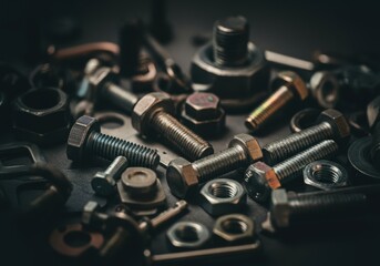 Assorted metal nuts and bolts arranged on a dark background