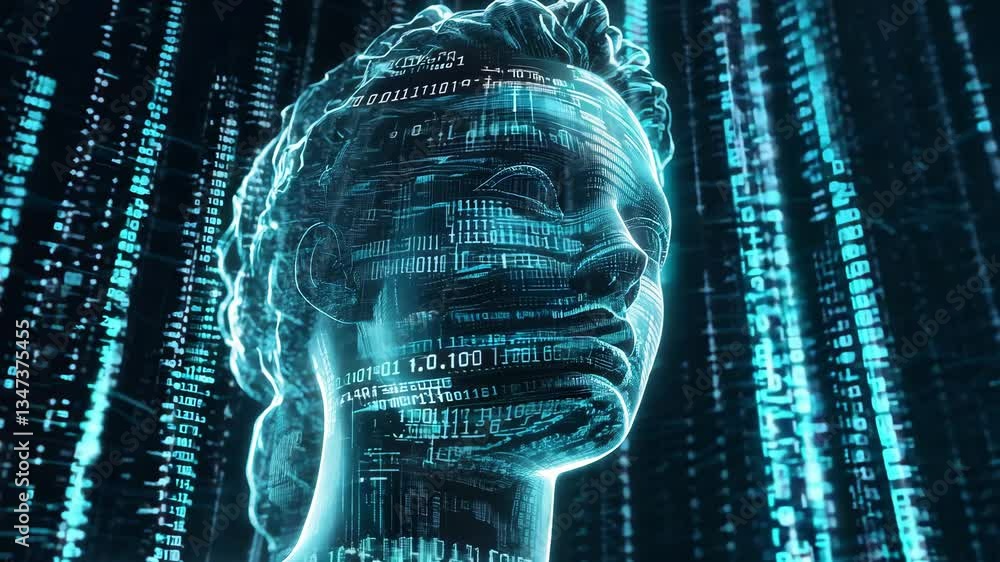 Aufkleber a hologram of a classic female statue head surrounded by flowing data streams in a futuristic digita