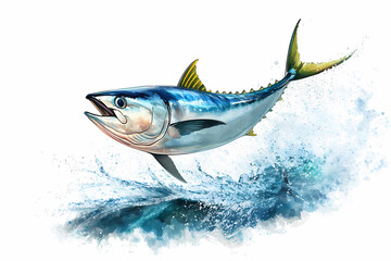 Fototapeta premium Aquatic Burst: A sleek tuna leaps from the water, its vibrant colors shimmering as it creates a splash, capturing the raw energy and beauty of marine life.
