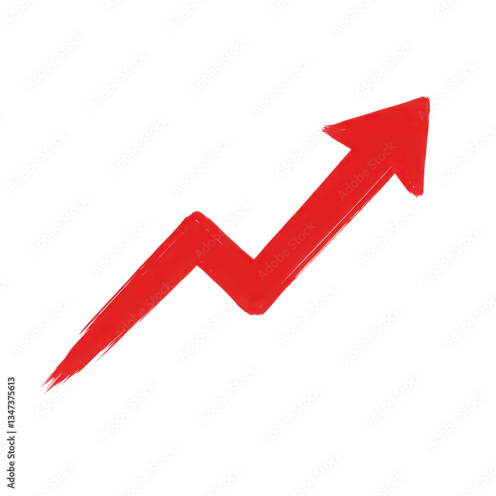 Poster a red arrow pointing upwards with a zigzag line on a transparent background in a brushstroke style