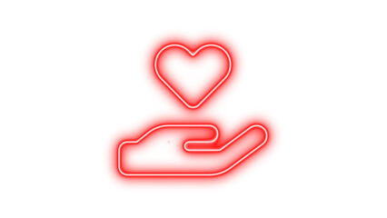 Neon symbol hand holding heart icon red color glow with transparent background