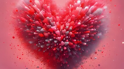 Red heart exploding with particles and light on a soft, dreamy background. Generative AI.