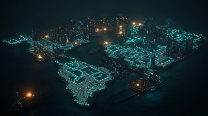 Futuristic cityscape illuminated by glowing turquoise lines, nestled in dark waters, showcasing intricate architecture and city layout