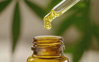 Macro close-up of golden CBD oil dripping from a glass dropper into a small amber bottle, soft natural light, blurred hemp leaves in background, high detail, cinematic focus