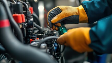 Obraz premium A mechanic using tools to work on an engine in a workshop setting.