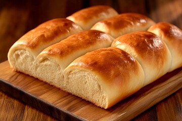 Golden brown rolls rest on a wooden cutting board, showcasing a soft and fluffy texture. The warm afternoon light enhances the appeal of this delicious baked treat
