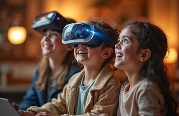 Children use augmented reality glasses, experiencing future tech. Happy kids wear VR goggles enjoy entertainment, learning in school. Innovation, education, modern technology, fun, discovery,