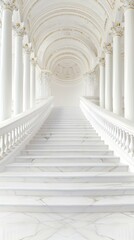 A grand neoclassical staircase with marble columns and gold trim, embodying European palatial elegance.