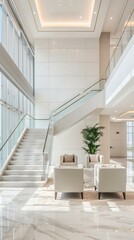 A sophisticated high-rise apartment staircase with glass balustrades, enhancing the airy ambiance of a luxury penthouse.
