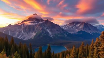 Majestic mountain landscape at sunrise with vibrant colors, mist rolling over the peaks, and a crystal-clear lake reflecting the sky, surrounded by dense pine forests. Ultra-realistic, high definition