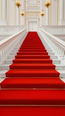 An opulent red carpet staircase with luxurious chandeliers, emphasizing the grandeur of a Hollywood-inspired mansion.