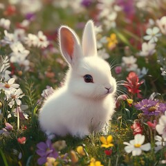 White rabbit with pink ears sitting in a floral field