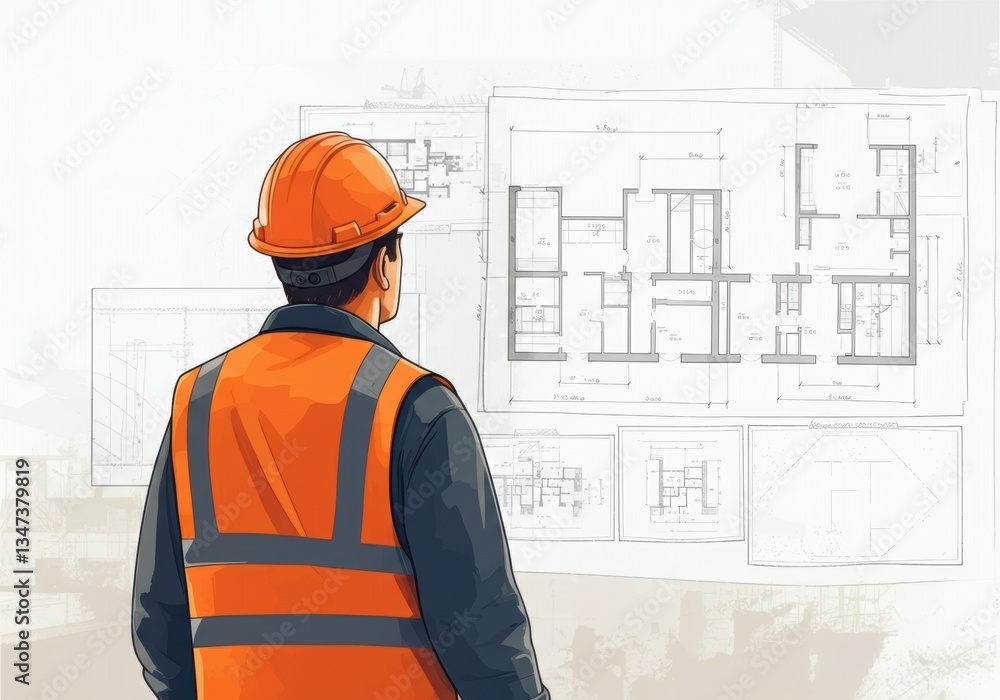 Poster construction worker analyzing architectural blueprints for a project