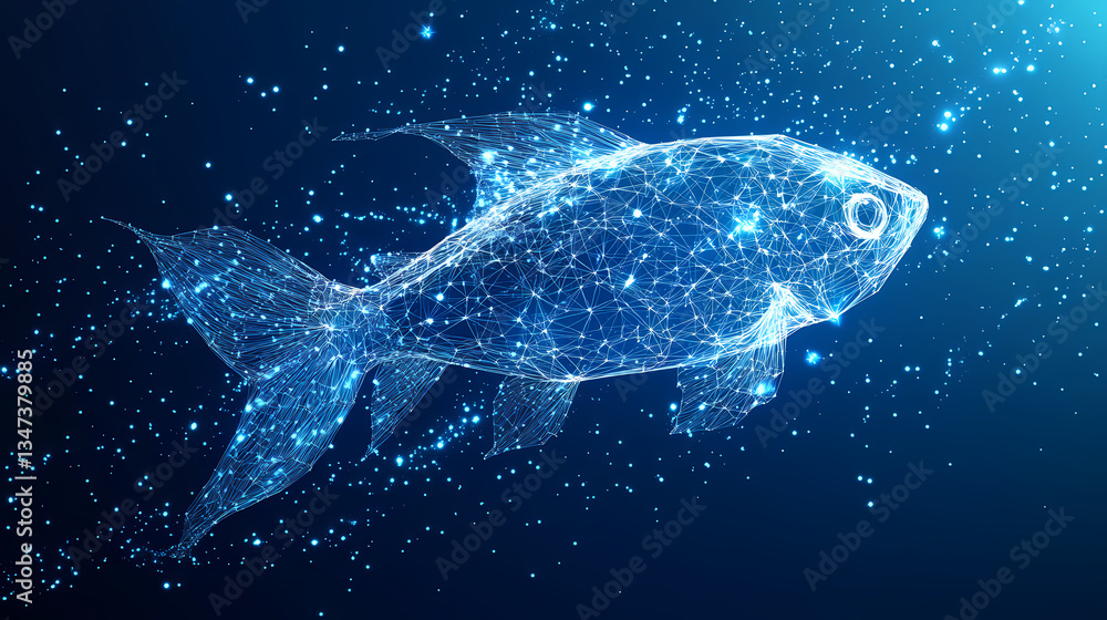 Poster digital fish: a stunning digital rendering of a fish, composed of interconnected points of light, gr