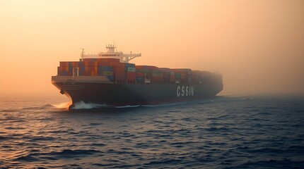 Obraz premium Sunset Cargo Ship: A transport vessel sailing into the golden horizon.