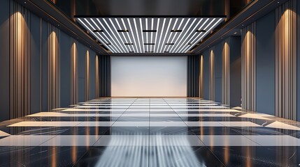 Obraz premium An empty luxury gallery with a large blank wall and modern geometric floor design set against a dark and striped backdrop, ideal for a branding or art display. 3D Rendering