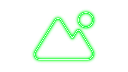 Neon symbol mountain sun icon green color glow with transparent background