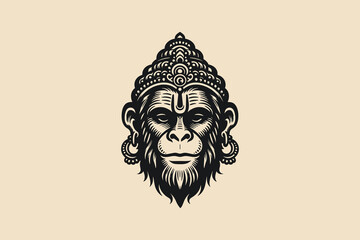 Vintage black engraving of Hanuman&rsquo;s head with sacred details