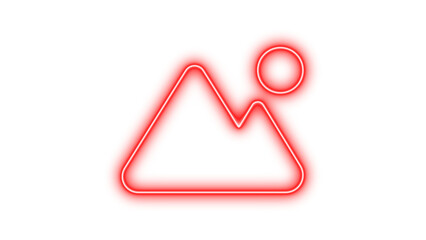Neon symbol mountain sun icon red color glow with transparent background