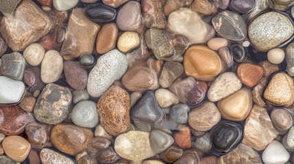 Seamless pattern of abstract stone arrangements, smooth river pebbles, and rippling water reflections, minimalist and calming