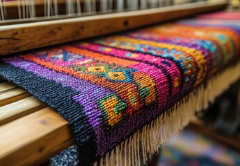 A vibrant, intricately woven textile featuring colorful patterns, displayed on a loom, showcasing craftsmanship and artistic expression.
