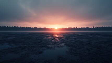 Obraz premium A serene sunset over a calm lake, with dark silhouettes of trees against a vibrant horizon, creating a tranquil atmosphere.