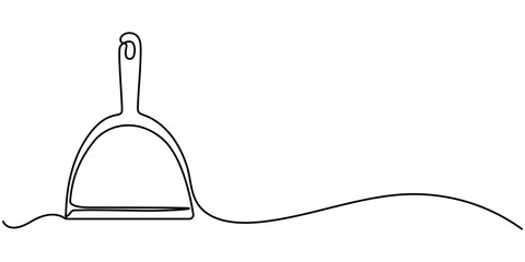 one line art dustpan vector illustration. line art, one continuous line, simple, hand drawn and sketch style. for icons, symbols, signs or logos, Cleaning dustpan and brush in continuous one line art.