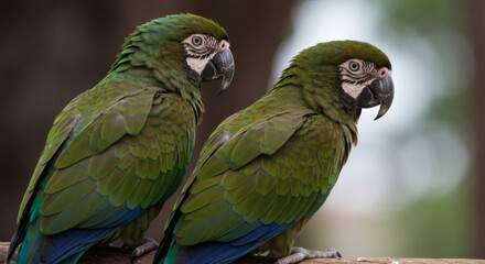 Two parrots sitting closely together.
