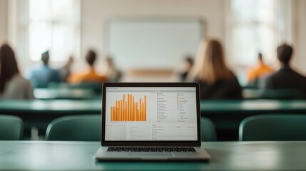 A laptop displaying data charts is in focus, while students are seated in the background, suggesting a classroom setting.